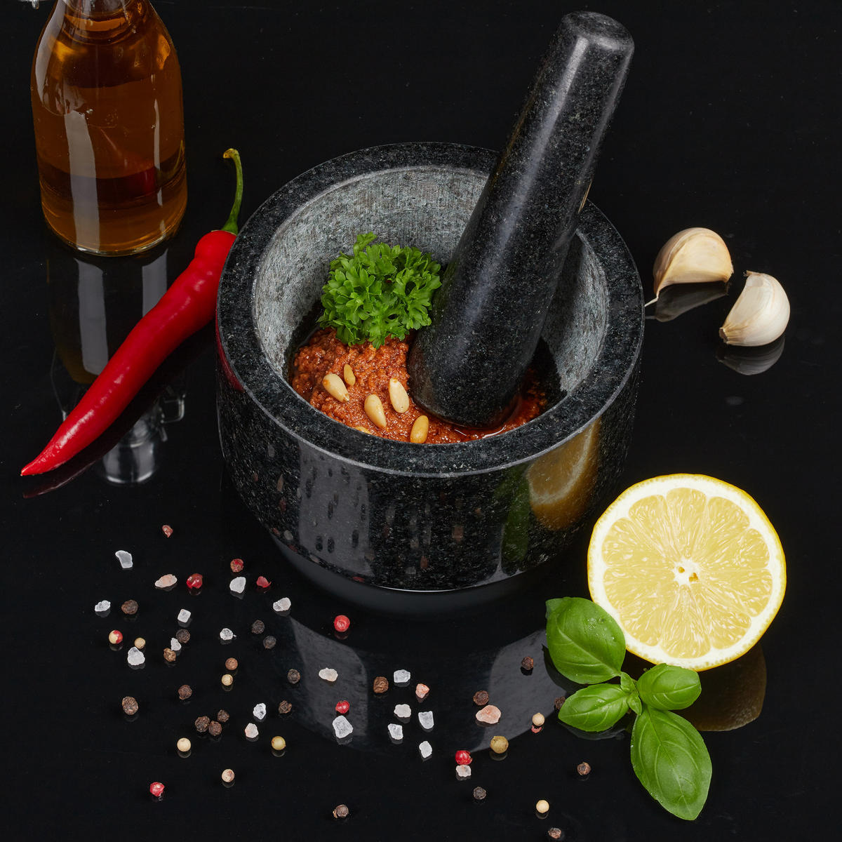 MÖRSER - Schwarz, Kunststoff/Stein (14/8.5/14cm) - Relaxdays