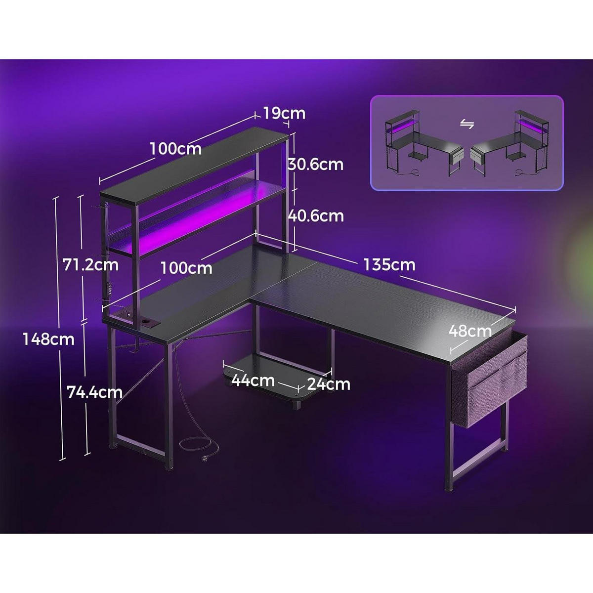 SCHREIBTISCH L-Form mit LED und Steckdosen 135 x 100 cm Schwarz - Schwarz, Holzwerkstoff (80/110/75.6cm)