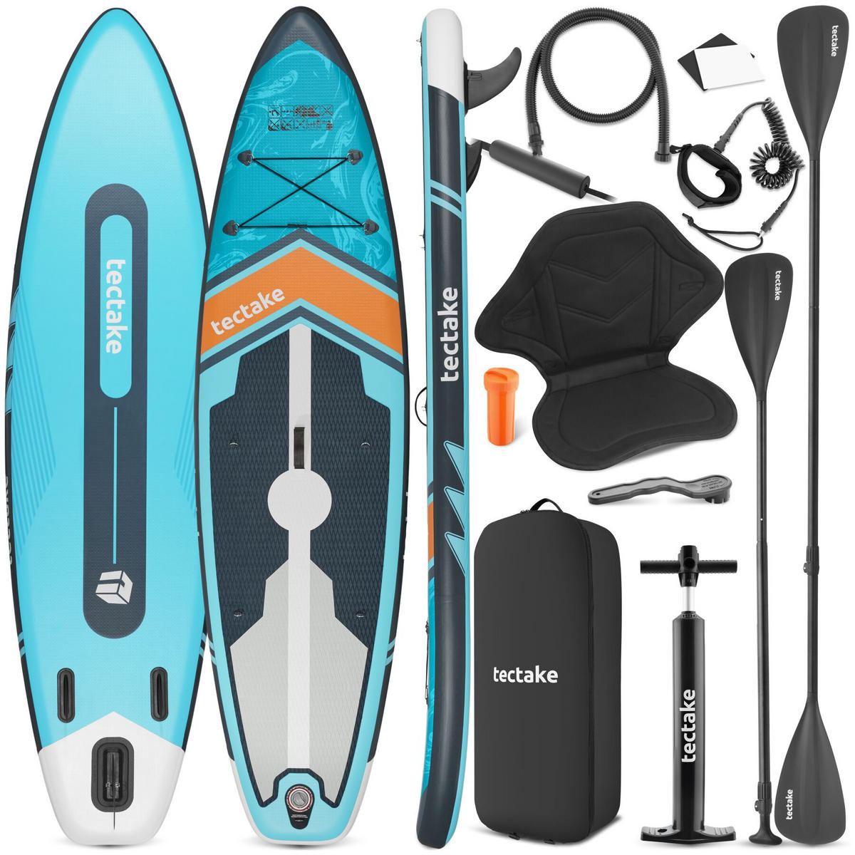 STAND UP PADDLE BOARD Palagios, Belastbarkeit 200 kg, inklusive Kajak-Sitz, türkis/orange - Türkis, Kunststoff (320/84/0.4cm) - tectake