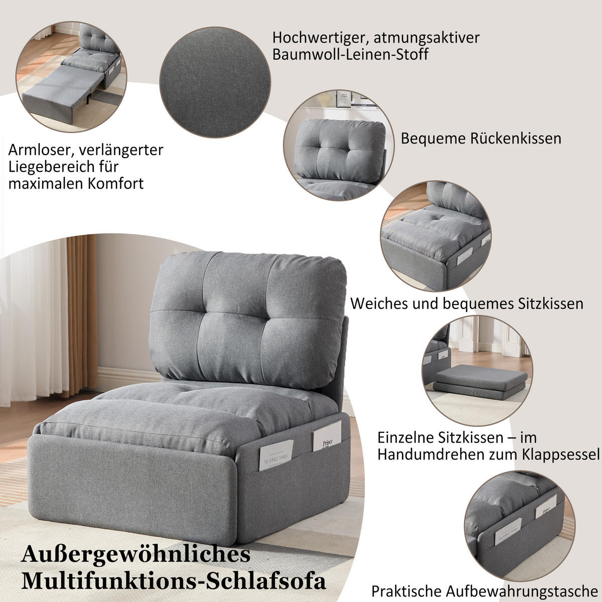 SCHLAFSOFA 92/81.5/90 cm Grau mit Aufbewahrungstasche - Grau, Textil (81.5/90/195cm) - Oxeza
