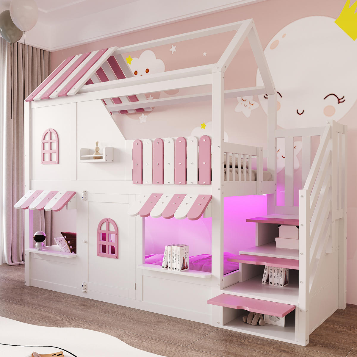 ETAGENBETT Hausdesign Weiß Rosa - Pink, Holz (90/200cm) - ComfortXL