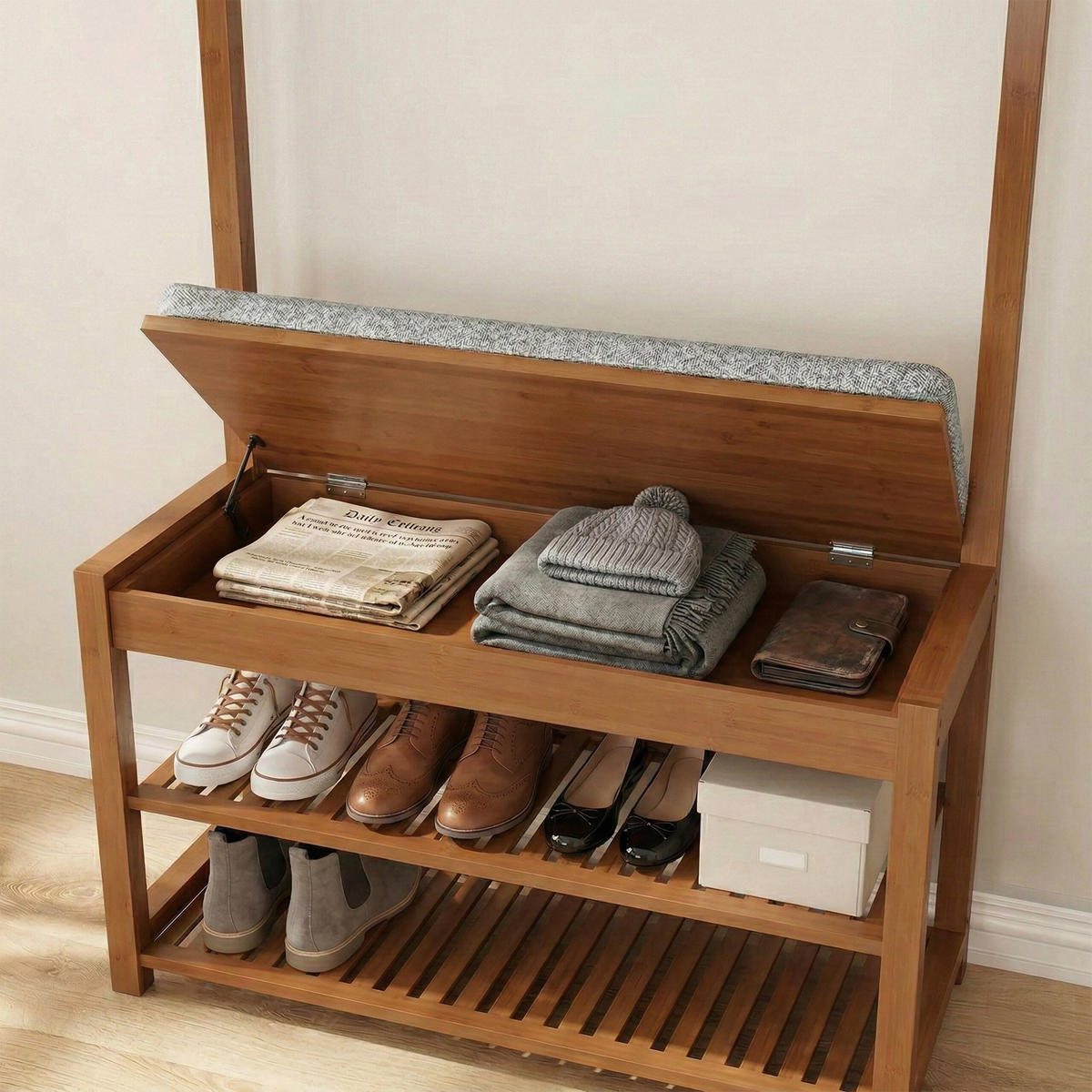 VĚŠÁK na kabát - hnědá, dřevo/textil (70/175/33cm) - Relaxdays