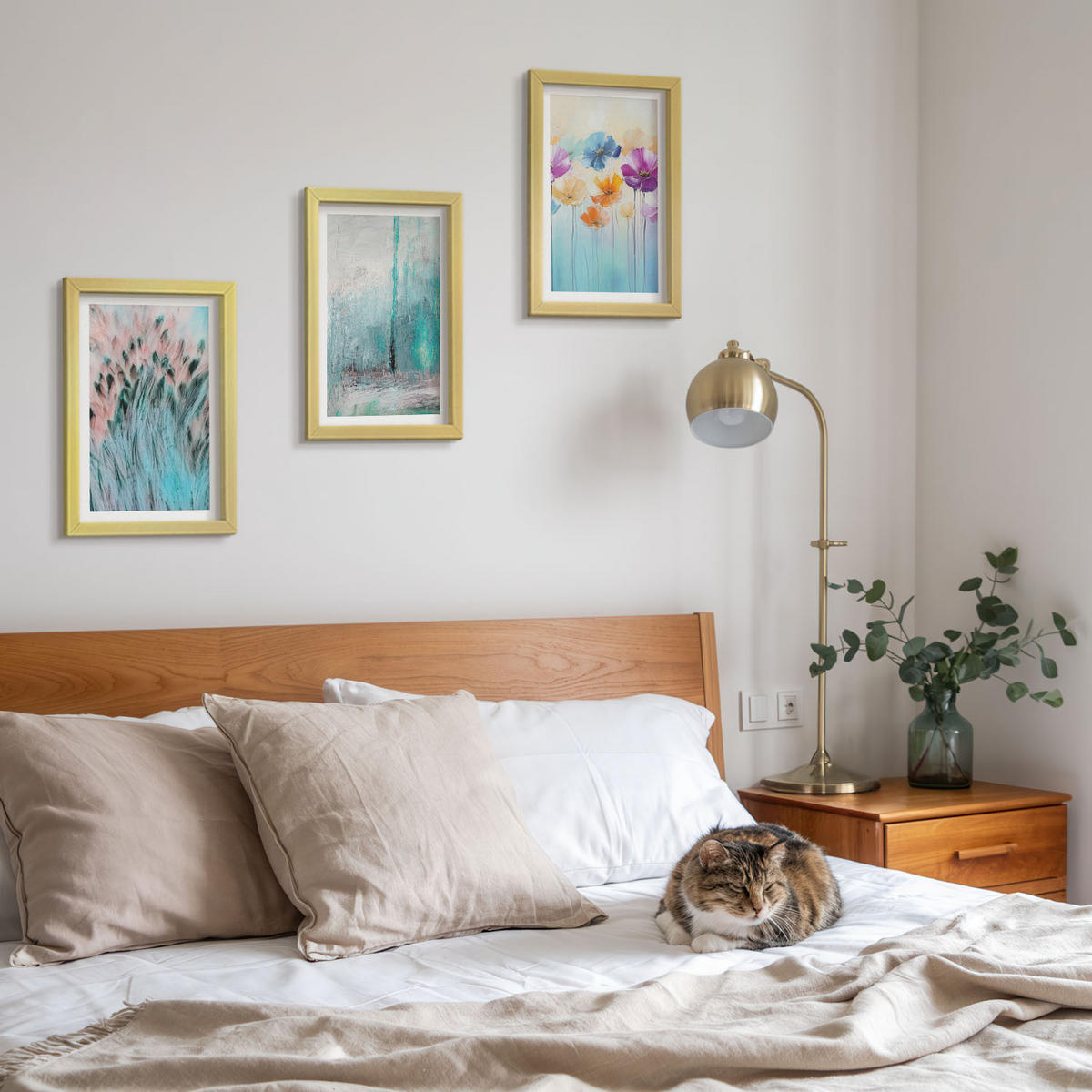 WANDBILDER 3er Set - 20x30 cm Goldrahmen - Hintergrundmuster mit Pastellblumen - Goldfarben, Kunststoff (20/30cm) - ArtPrintCave