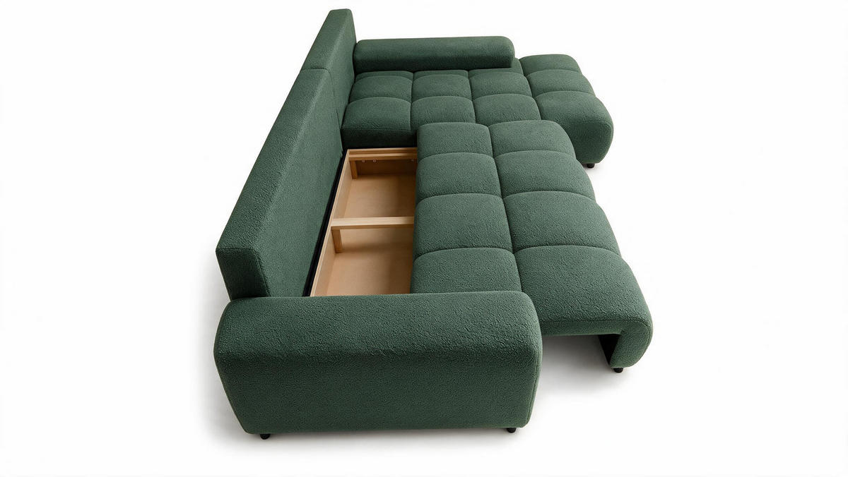 ECKSOFA Ovia mit Bettkasten und Schlaffunktion, Bouclé-Stoff in L-Form - Grün, Textil (270/185cm)