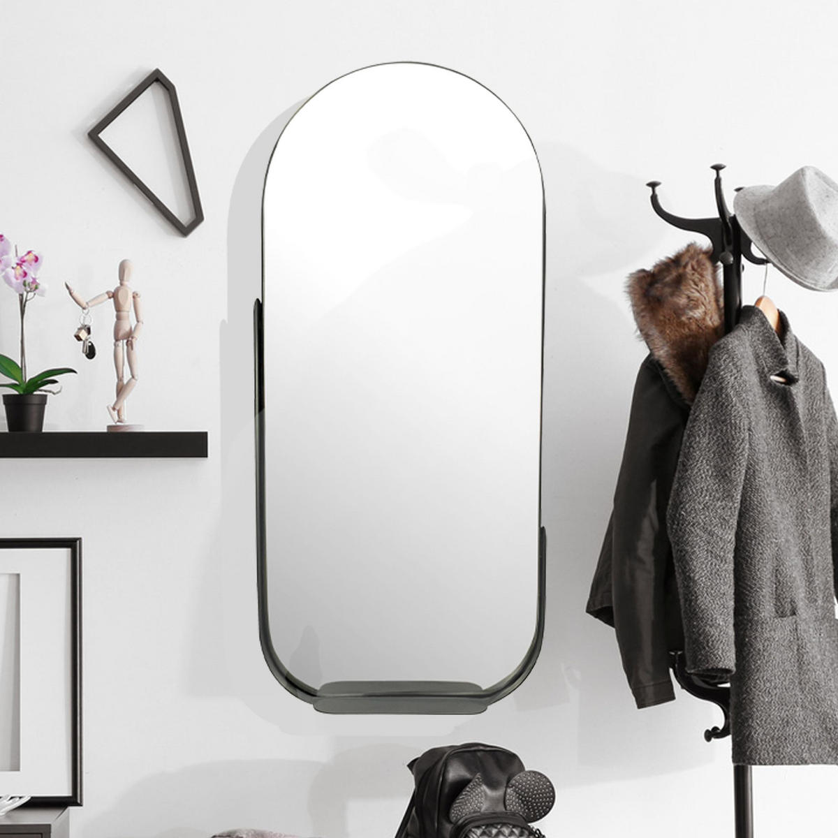 WANDSPIEGEL Oval Metall Schwarz 51x114 cm Mit Ablage - Schwarz, Glas (51/114/8cm) - KADIMA DESIGN