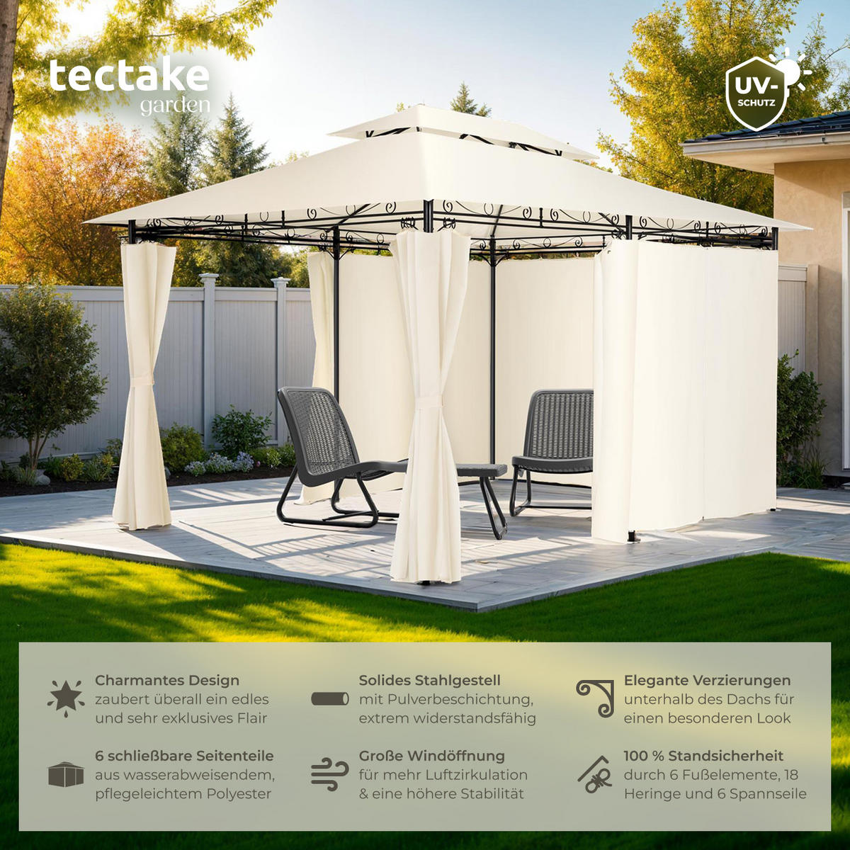 GARTENPAVILLON Emine,inklusive Spannseilen und Heringen,creme - Creme, Kunststoff (300/265/400cm) - tectake