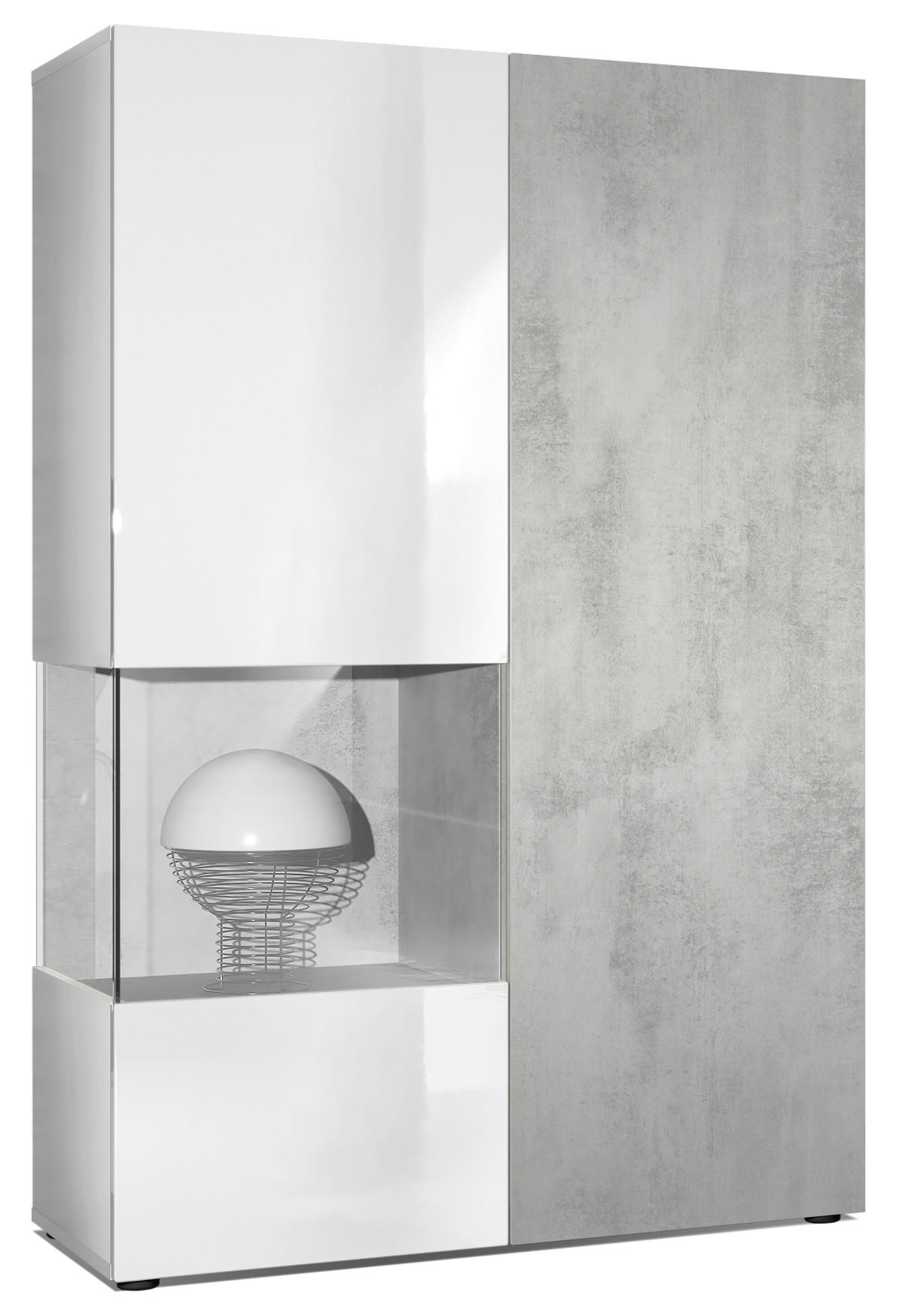 VITRINE Morena Tür und Einsatz in Beton Oxid Optik - Hellgrau, Holzwerkstoff (91.5/136.5/37cm) - Vladon