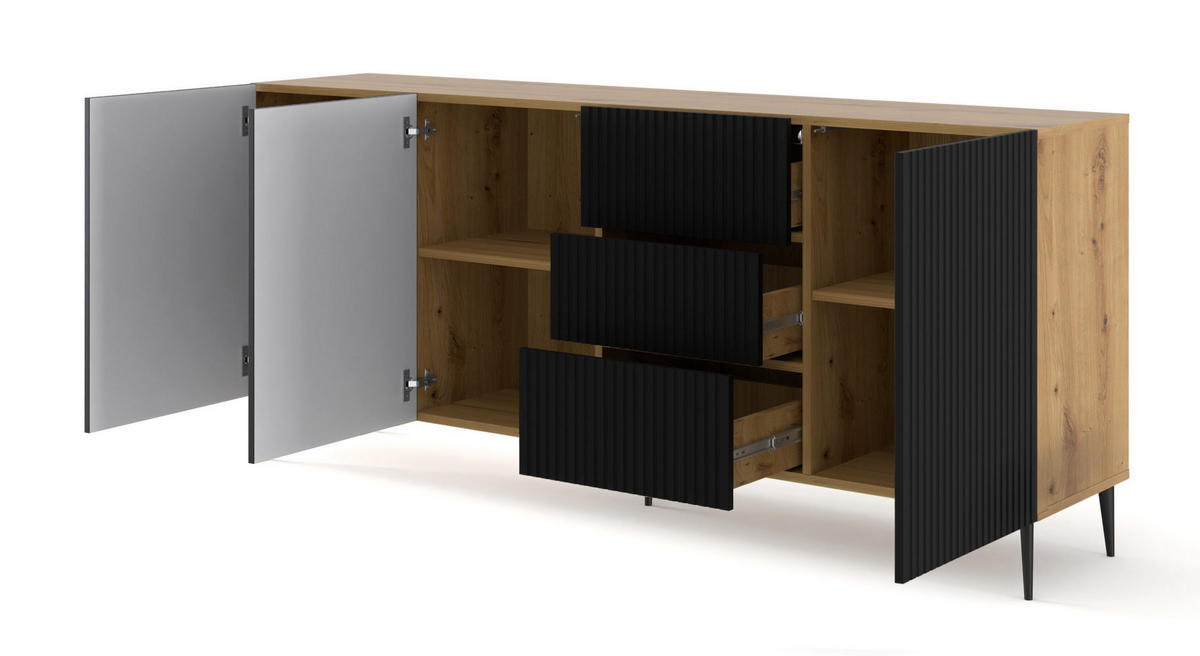 KOMMODE Artisan Eiche, Schwarz, Schwarz 200/87/42 - Schwarz, Holzwerkstoff (200/87/42cm) - RAUMHIRSCH FURNITURE