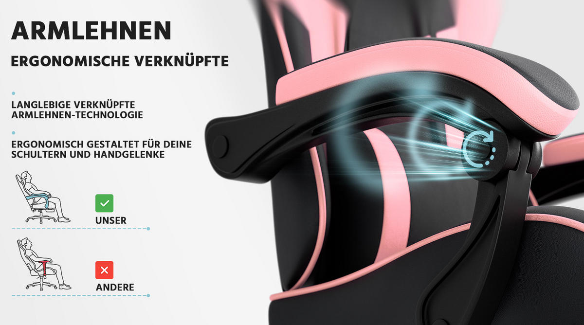 GAMINGSTUHL ergonomisch mit Fußstütze PVC Pink/Black - Pink, Kunststoff (63/120.5/58.5cm) - Meubliv