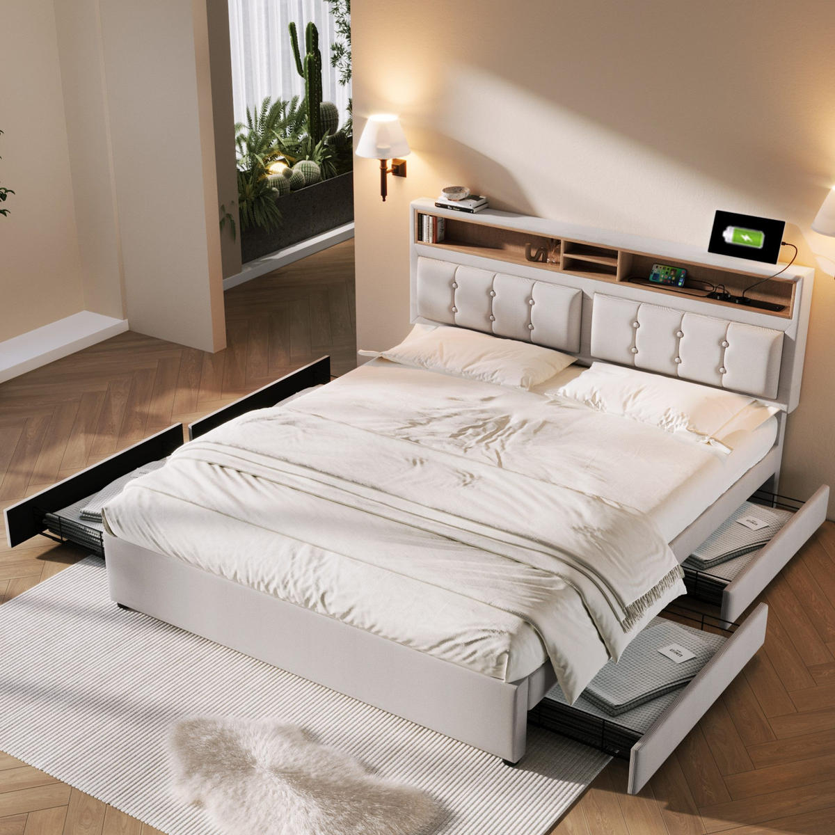 POLSTERBETT 4 Schubladen Höhenverstellbares Kopfteil 160×200cm - Beige, Textil (160/200cm)