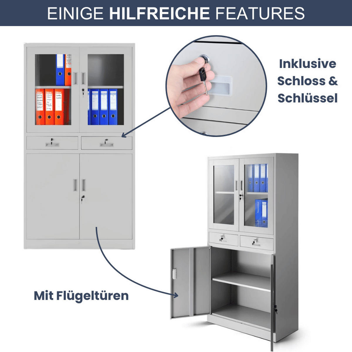 VITRINENSCHRANK abschließbar CENO mit Glastüren 185x90x40cm Grau - Grau, Metall (90/185/40cm) - DELUKE