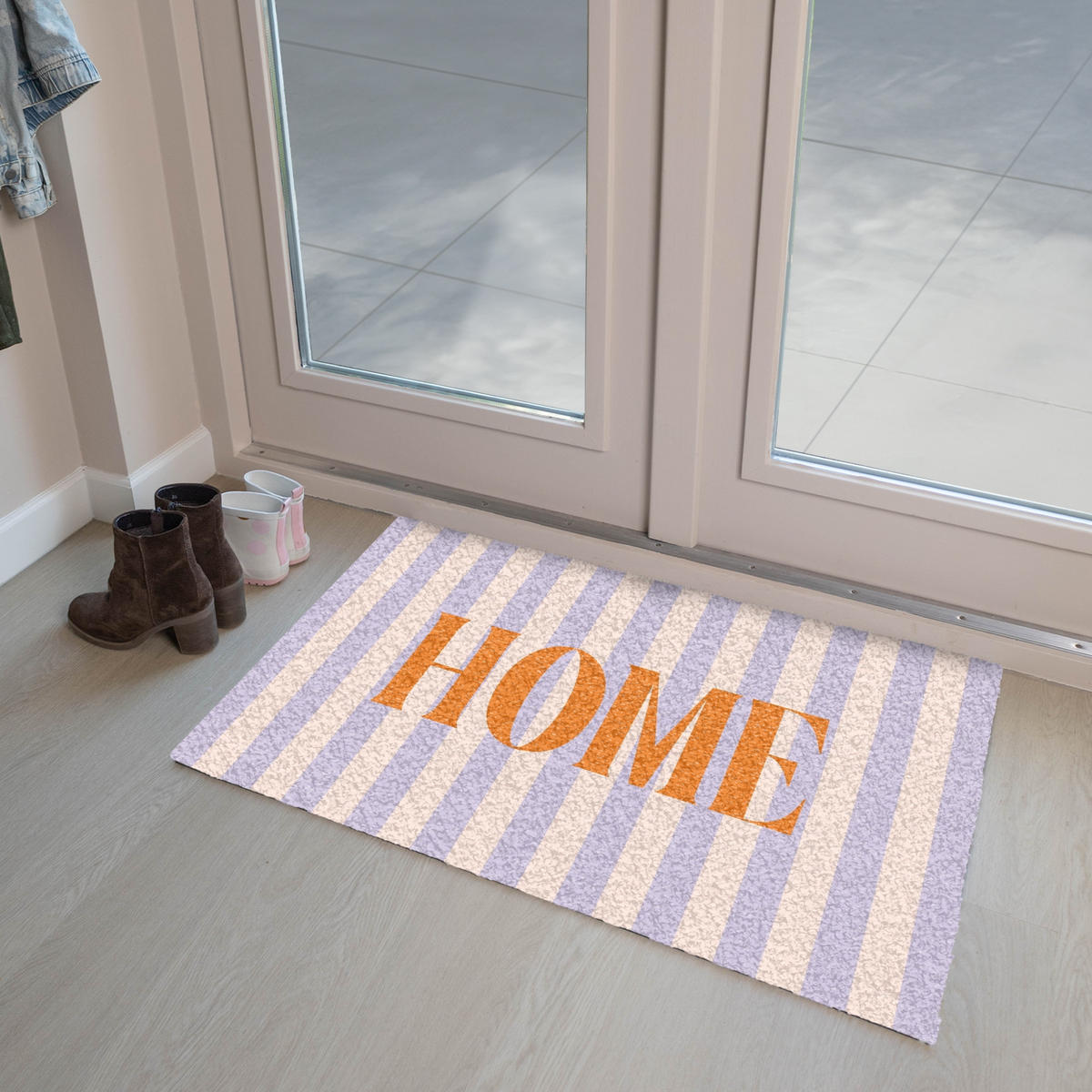 FUSSMATTE Lila – Orange – Streifen – Startseite 90x60 cm - Flieder, Kunststoff (90/0.4cm) - MuchoWow
