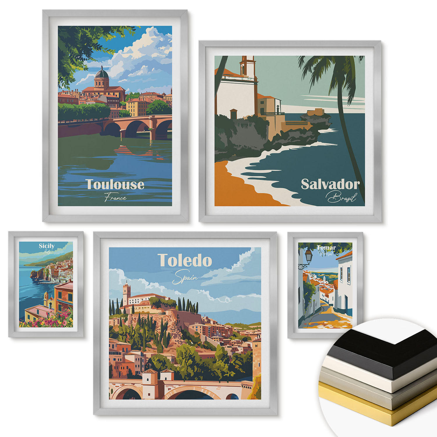 WANDBILDER 5er Set - 50x50 cm & 20x30 cm & 40x60 cm Silberner Rahmen - Illustrationen zur Retro-Architektur der Berge - Silberfarben, Kunststoff (40/60cm) - ArtPrintCave