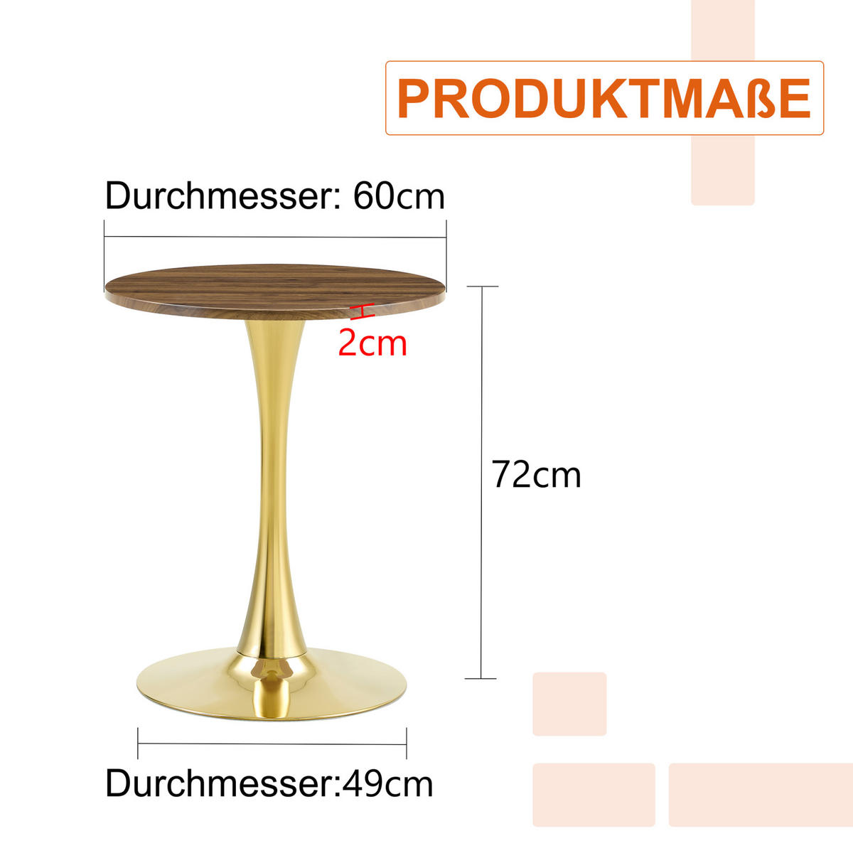 BEISTELLTISCH 60/72 cm Gold/Walnuss aus MDF und Metall mit Thermoform-Oberfläche - Goldfarben, Holzwerkstoff (60/60/72cm) - OKMYHOME