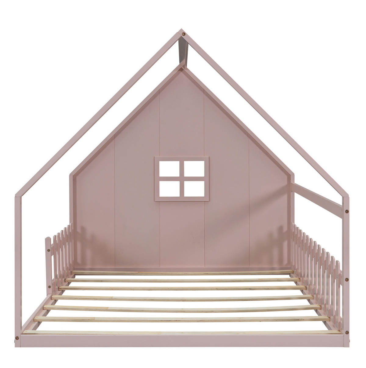 KINDERBETT aus Kiefernholz und MDF 140x200 cm Rosa mit Hausdesign und Schutzgitter - Rosa, Holzwerkstoff (140/200cm) - IVMEU