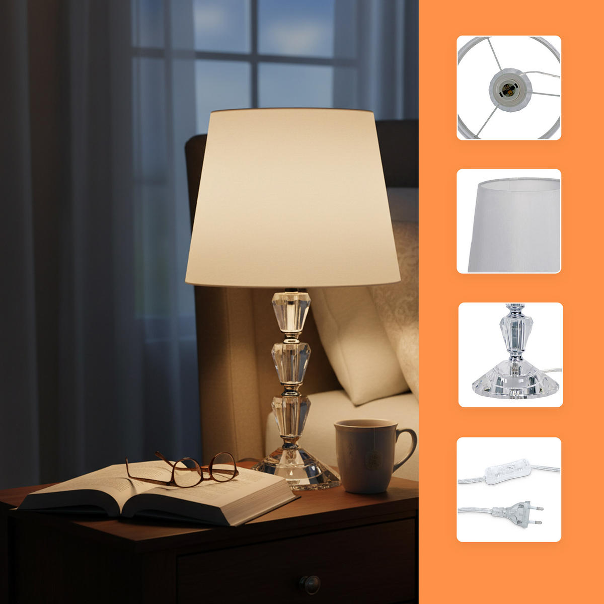 TISCHLAMPE - Weiß, Glas/Textil (23/23/40.5cm) - Relaxdays