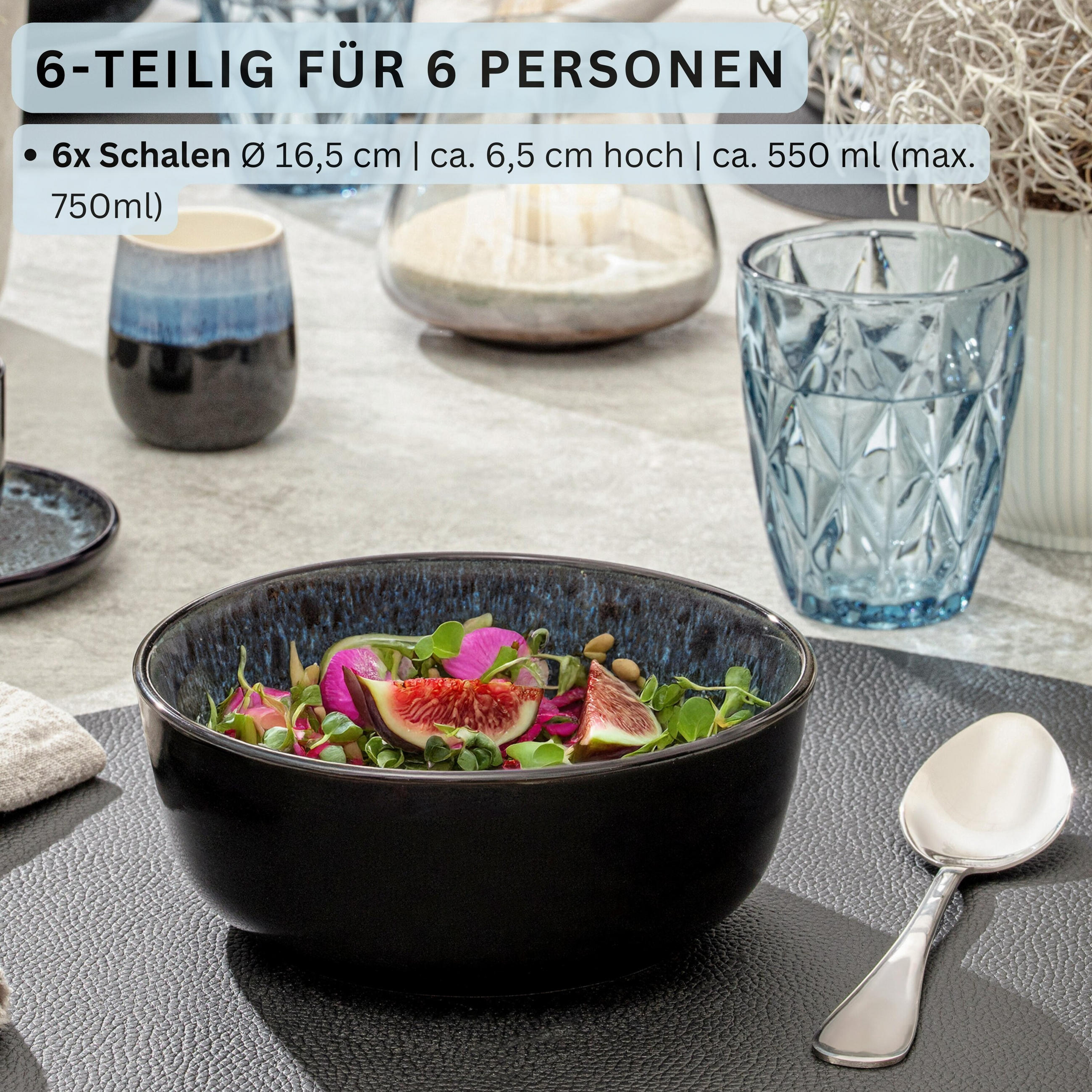 SCHALEN SET MANILA - 6 teilig aus Steingut - Blau, Stein (16.5cm) - Sänger