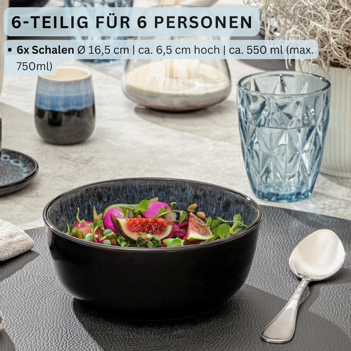 SCHALEN SET MANILA - 6 teilig aus Steingut - Blau, Stein (16.5cm) - Sänger