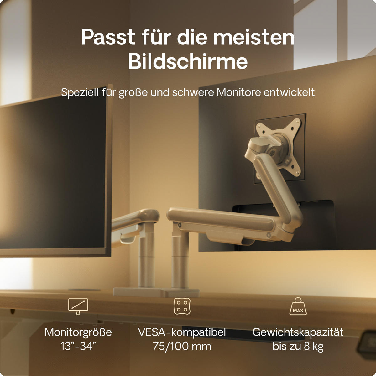 MONITORHALTERUNG, Weiß, Tischhalterung für 2 Monitore 17"-32", VESA 75x75mm, VESA 100x100mm - Schwarz, Kunststoff/Metall (95/12.4/62.3cm) - Desktronic