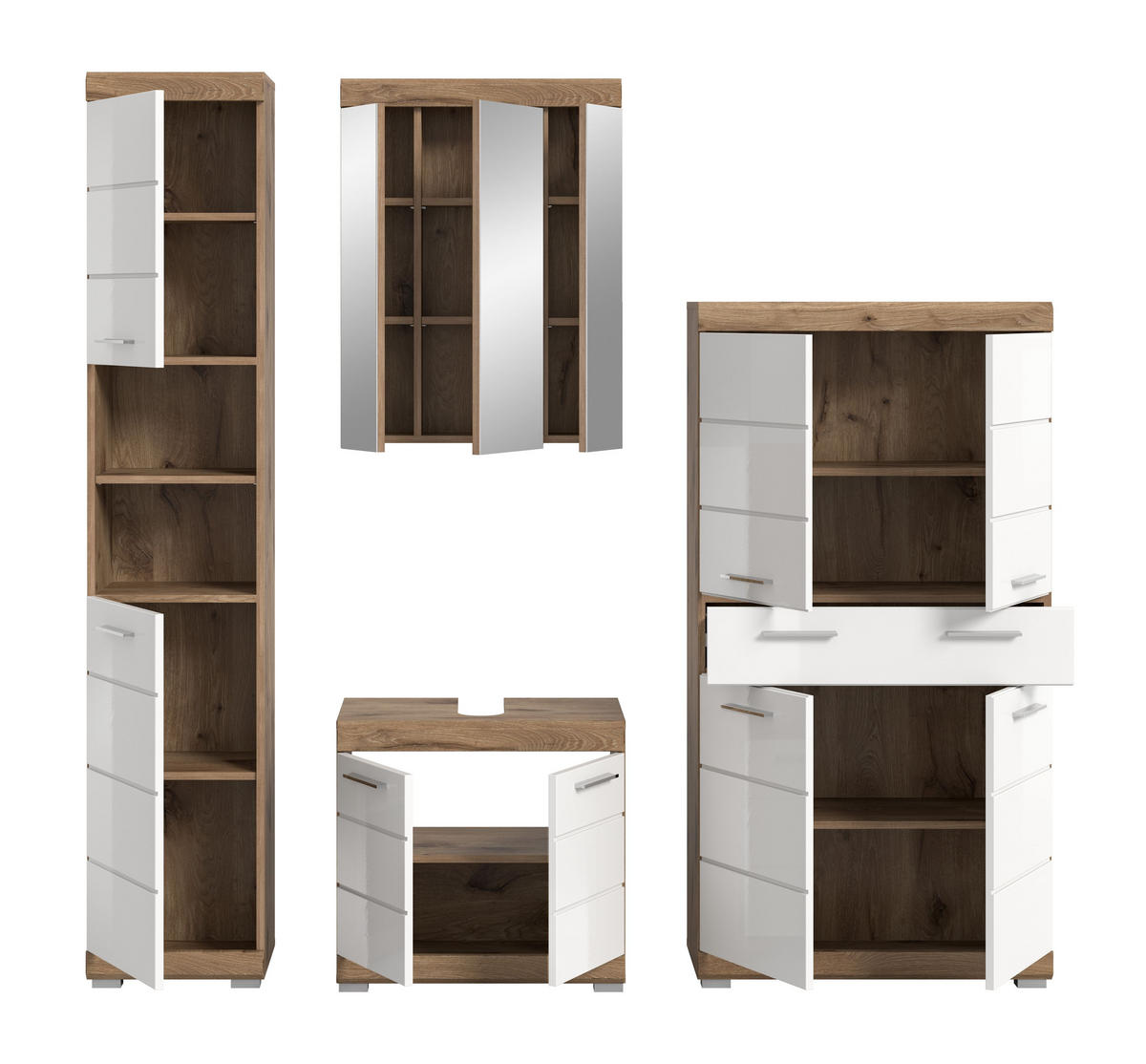 BADKOMBINATION 4tlg. Wave Bad in Nox Oak Nachbildung und weiß hochglanz B/H/T: 204x191x34 cm - Eichefarben, Holz (204/191/34cm)