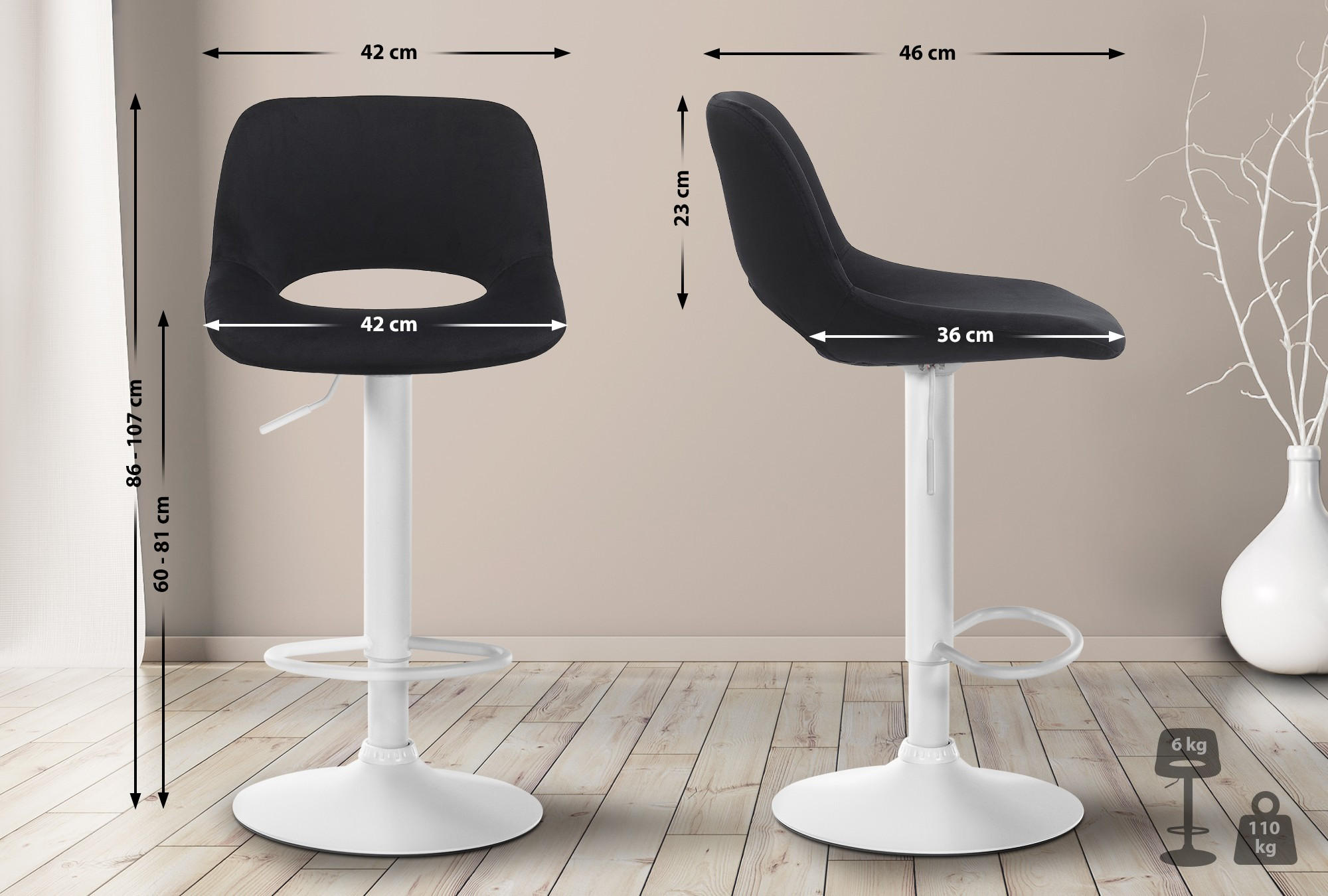 BARHOCKER JAKSON Schwarz Samt Weiß - Schwarz, Textil/Metall (42/86/46cm) - DELUKE