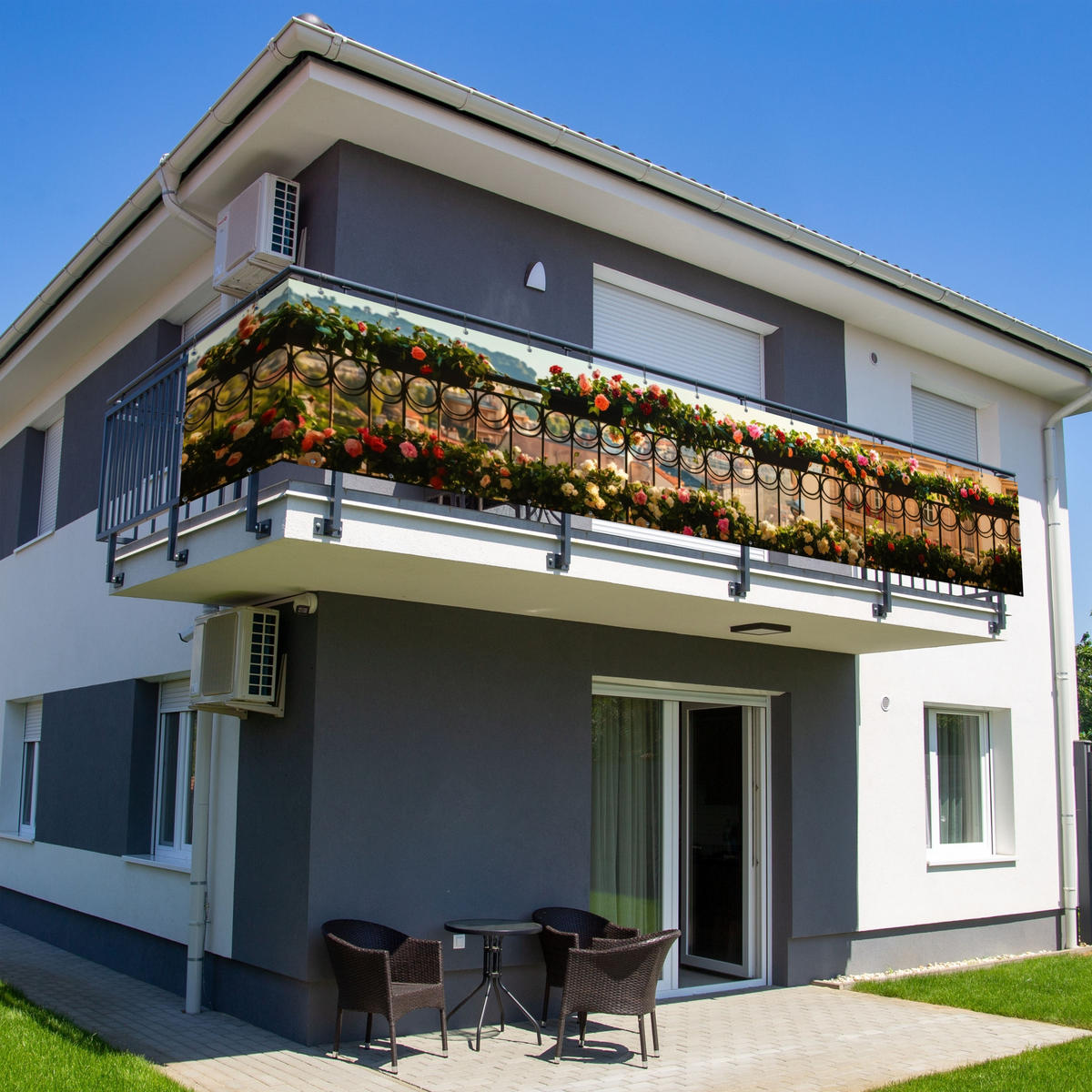 BALKON-SICHTSCHUTZ Blumen - Zaun - Stadtbild - Sommer - Pink, Kunststoff (500/85cm) - MuchoWow