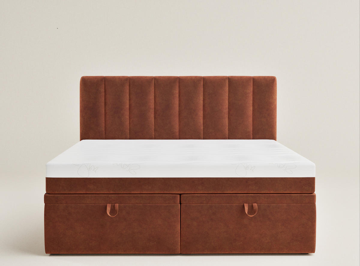 BOXBETT 140/200 cm Lovage M, in Kupferfarbe, Matratze, gepolstertes Kopfteil, Bettkasten, H3 = fest - Schwarz/Kupferfarben, Holz/Holzwerkstoff (140/200cm) - Maison de Reve