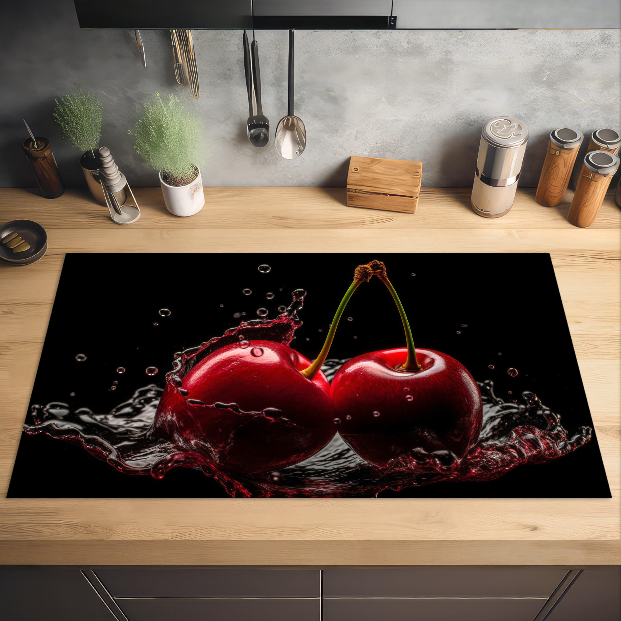 HERDABDECKPLATTE Kirsche - Rot - Frucht - Wasser - Schwarz 91x52 cm - Kirschrot, Kunststoff (91.6/0.2/52.7cm) - MuchoWow