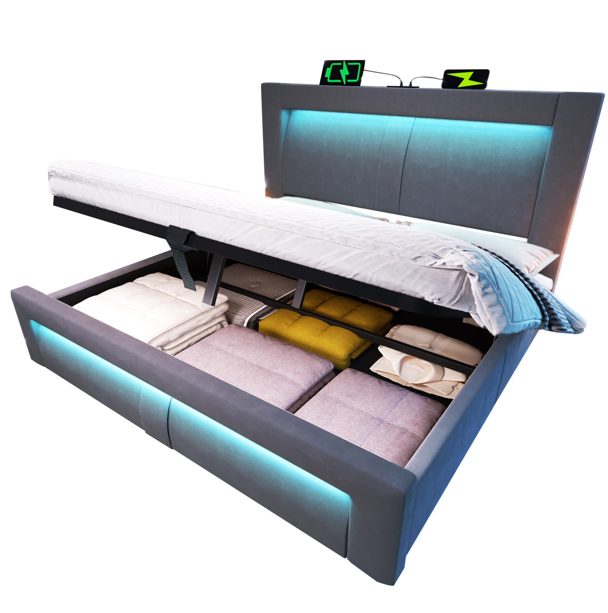 POLSTERBETT 140/200 cm grau aus Samt mit LED und Stauraum - Grau, Textil (140/200cm) - OKWISH