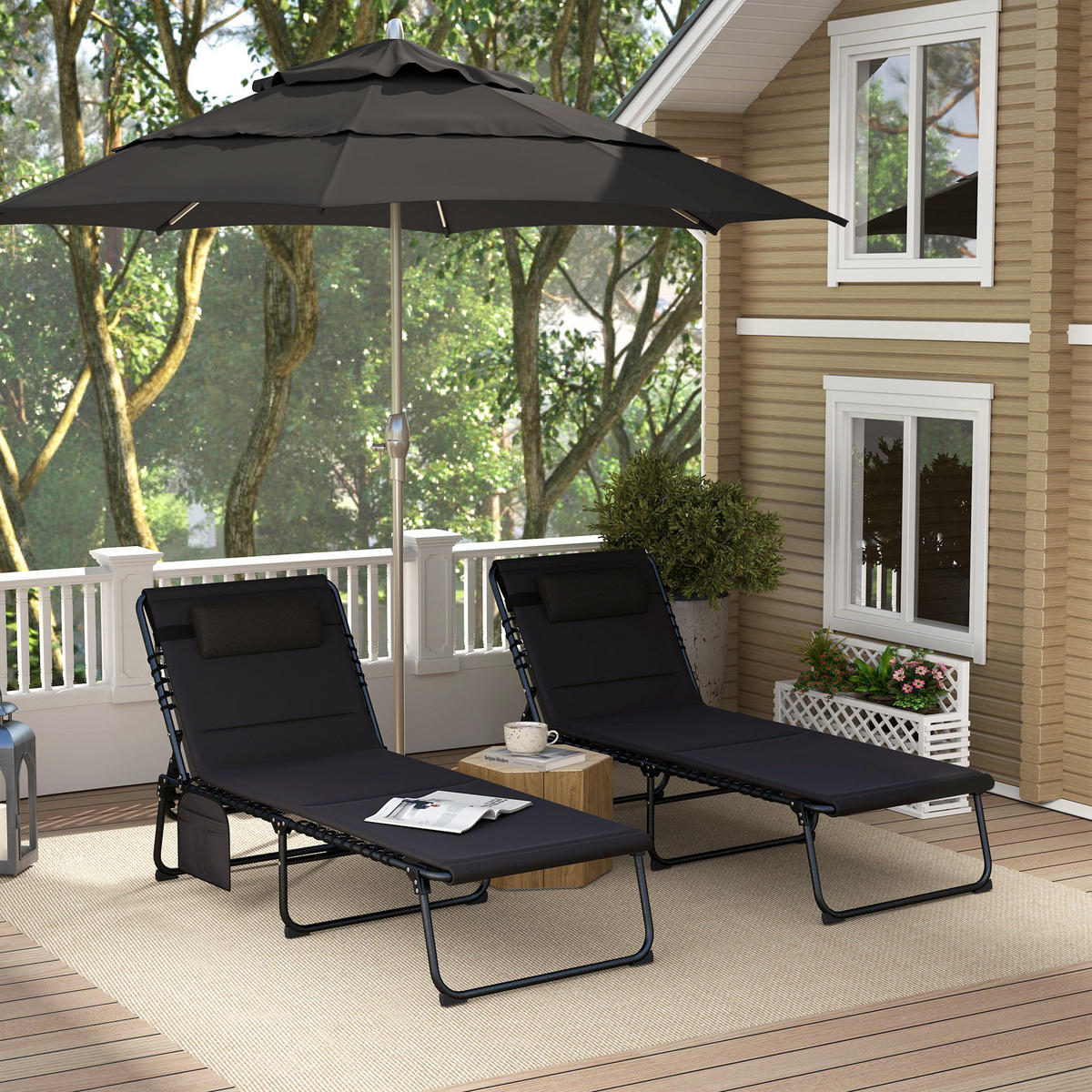 SONNENLIEGEN-SET 2 TLG. mit Kopfkissen Schwarz - Schwarz, Textil/Metall (68/36/189cm) - Outsunny