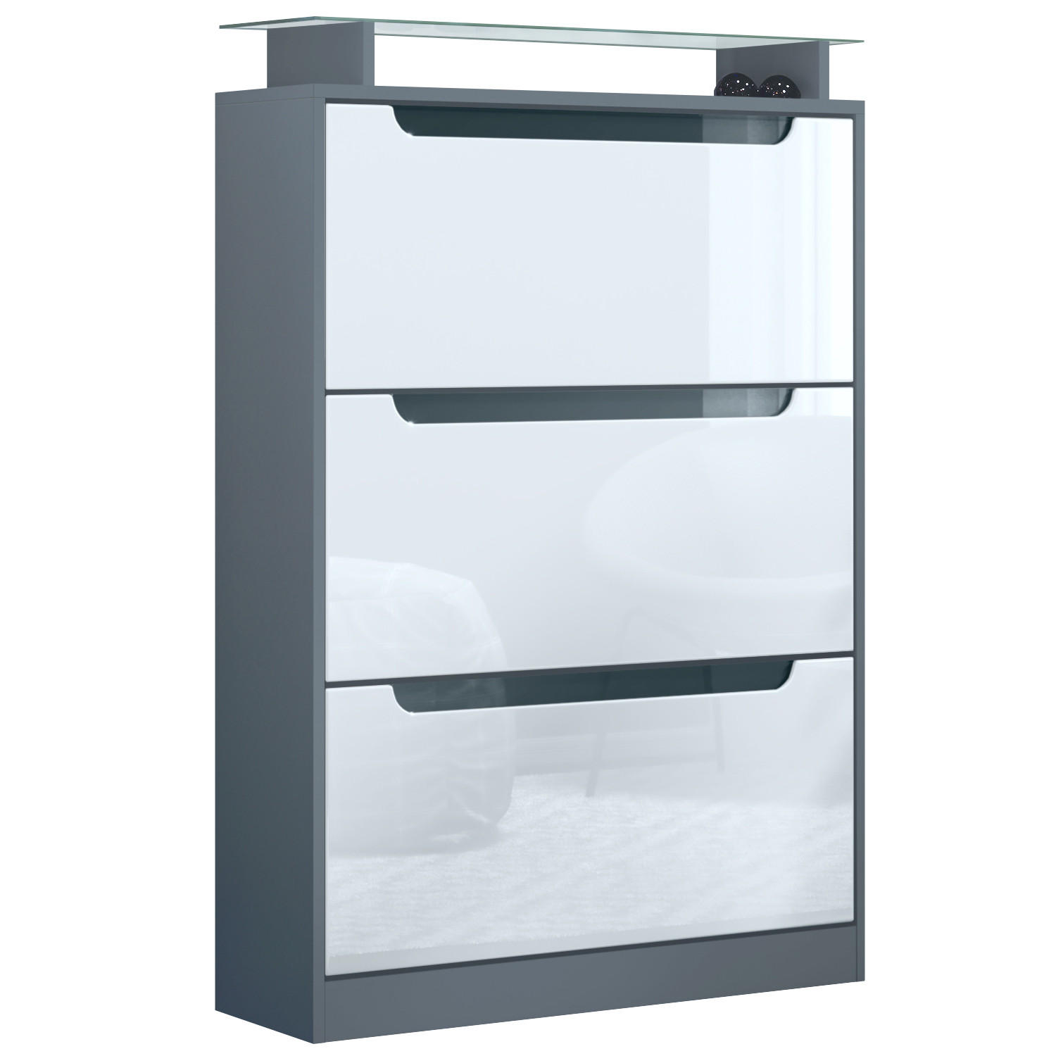 Vladon Schuhschrank Weiß Hochglanz 89x128x23 cm