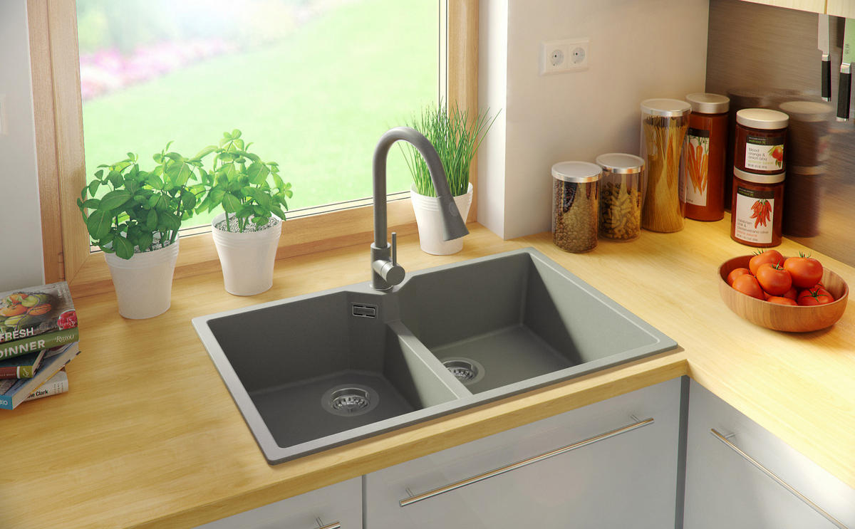 SPÜLBECKEN Madrid Twin, 2-er set Grau 78/50 cm 2 Becken + Ablauf-Set ab 80er Unterschrank - Grau, Kunststoff (78/19/50cm) - Primagran