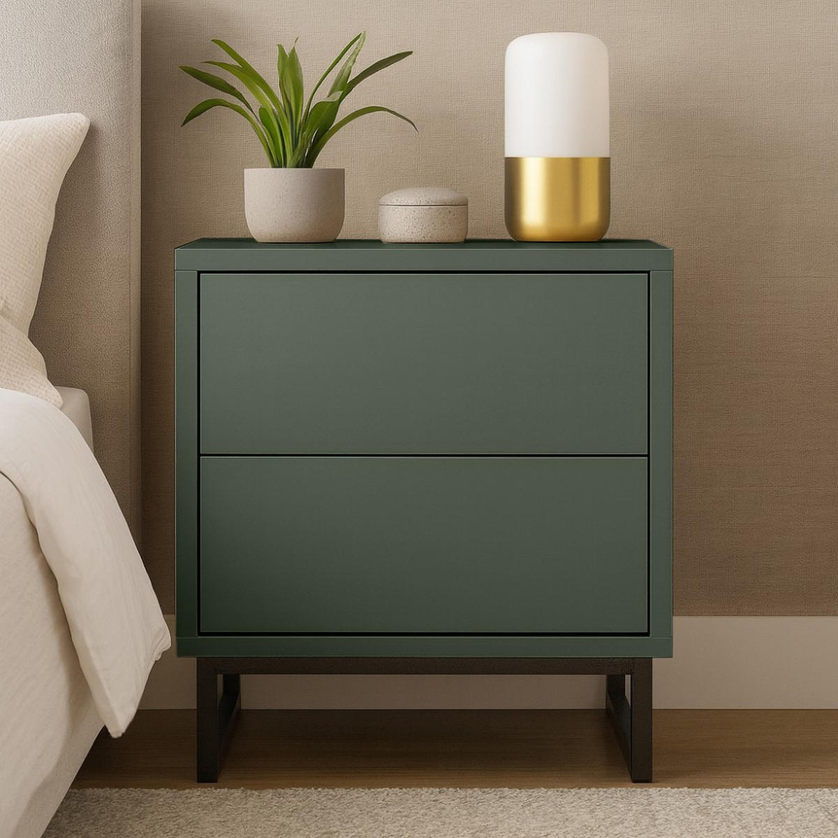 NACHTTISCH Giana mit 2 Schubladen, 43 cm, Flaschengrün - Dunkelgrün/Schwarz, Holzwerkstoff (43/48.5/34cm) - Beautysofa
