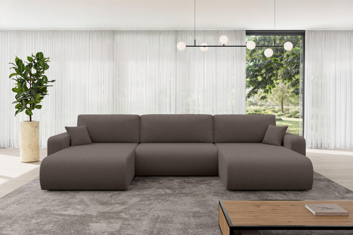 SEDACÍ SOUPRAVA DO U s funkcí spaní a úložným prostorem BERY-U 377x193x88 hnědá bouclé - černá/hnědá, kompozitní dřevo/textil (377/88/193cm) - ALTDECOR