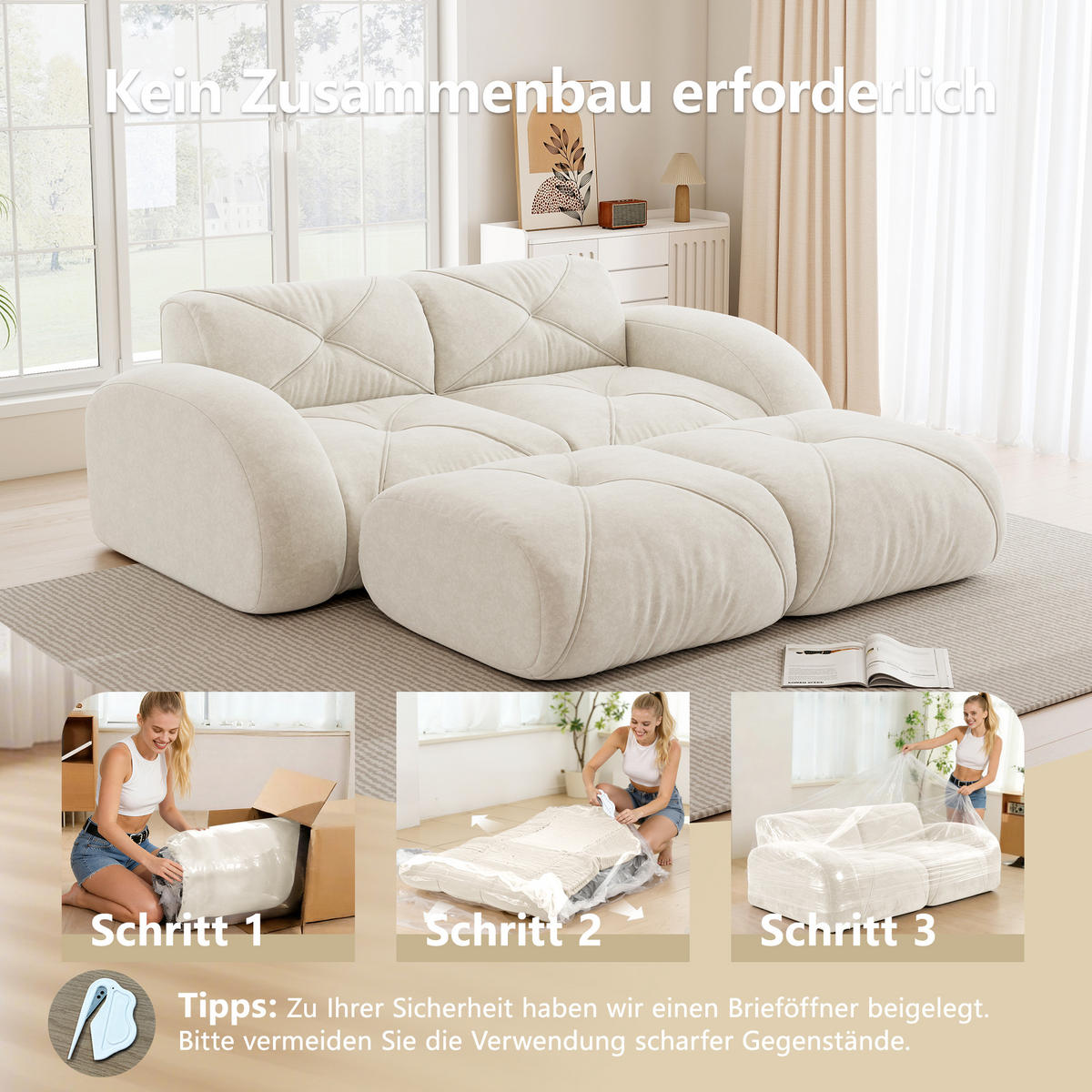 2-SITZER SOFA Chenille Hellbeige mit 2 Hockern - Weiß, Textil (204/76/171cm) - WISHDOR