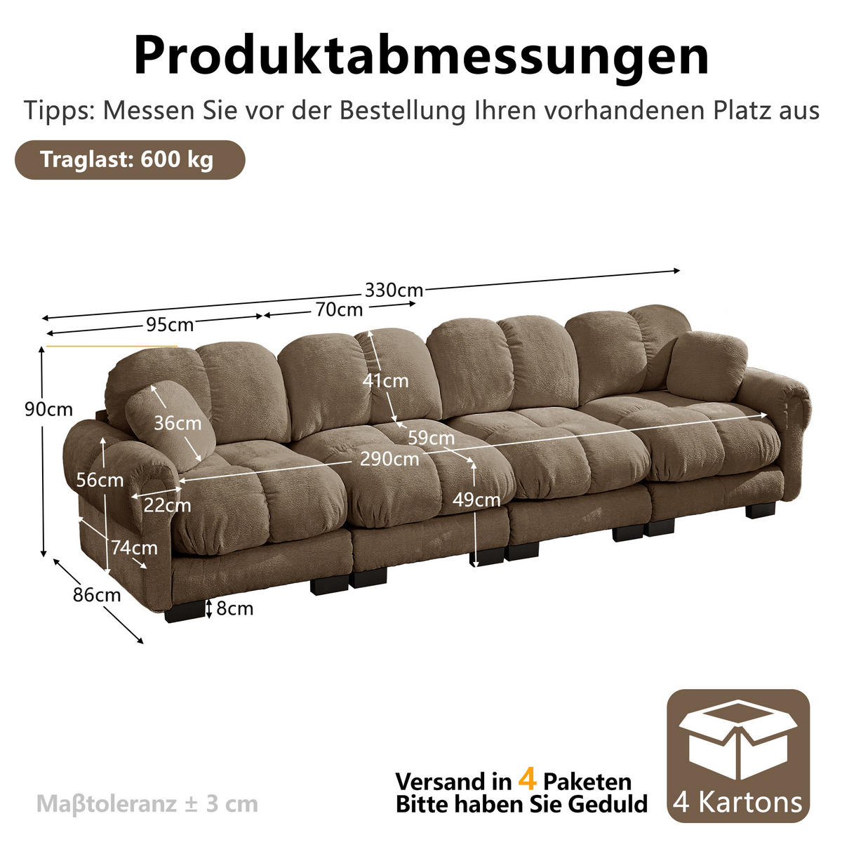 4-SITZER-SOFA DE-34384 Steppdesign Braun - Braun, Textil (86/90/330cm) - ComfortXL