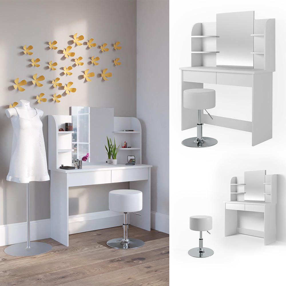 SCHMINKTISCH Charlotte Weiß 108 cm mit Stuhl - Weiß, Holzwerkstoff (108/139/40cm) - Vicco