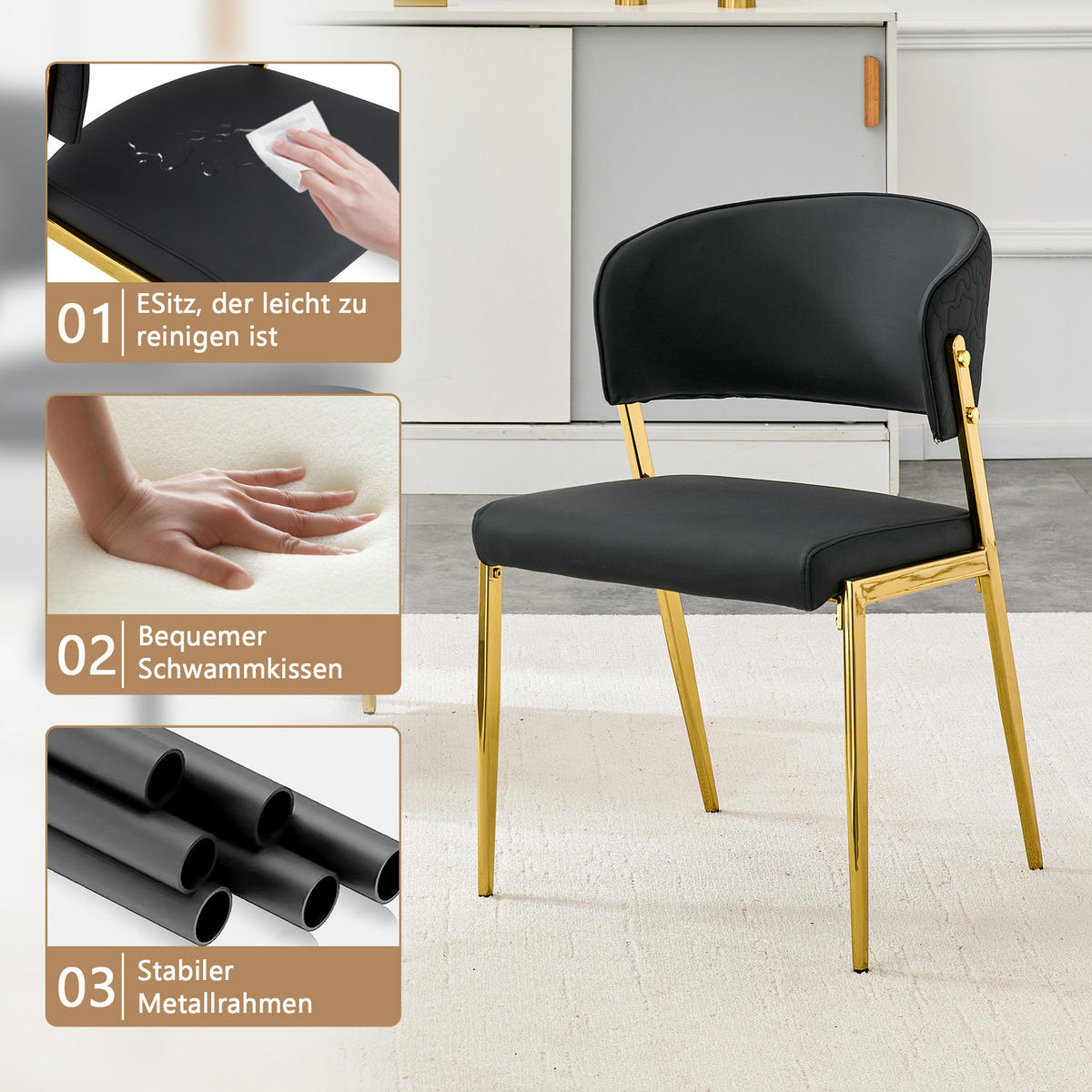 STUHL-SET DE-36685 2 Stück mit Kunstlederbezug und Metallgestell Schwarz - Schwarz, Metall (49/78/51cm) - ComfortXL