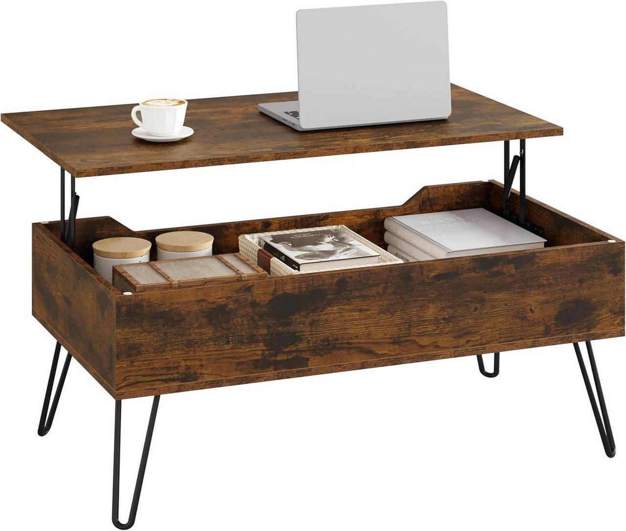 COUCHTISCH mit Stauraum, Metallbeine, Rustikales Braun - Dunkelbraun, Holzwerkstoff/Metall (50/95/40cm) - Woltu
