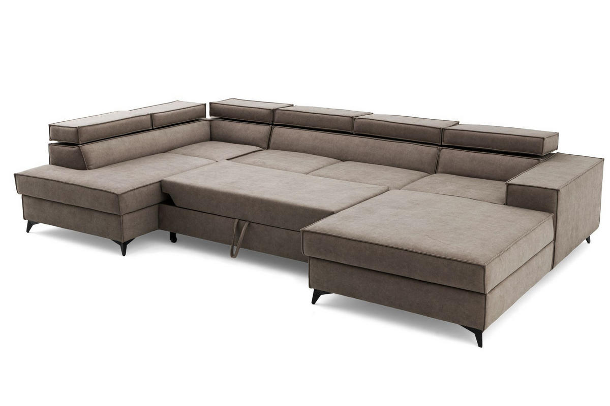 ECKSOFA PURE U Links mit Schlaffunktion 127x270 Velours Beige - Beige/Schwarz, Holz/Textil (340/204cm) - Muffo