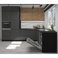 WINKELKÜCHE schwarz / Acryl graphit matt & Pembroke, Arbeitsplatte District Dark 10-teilig - Braun/Grau, Holzwerkstoff (302/243/232cm) - Feldmann-Wohnen