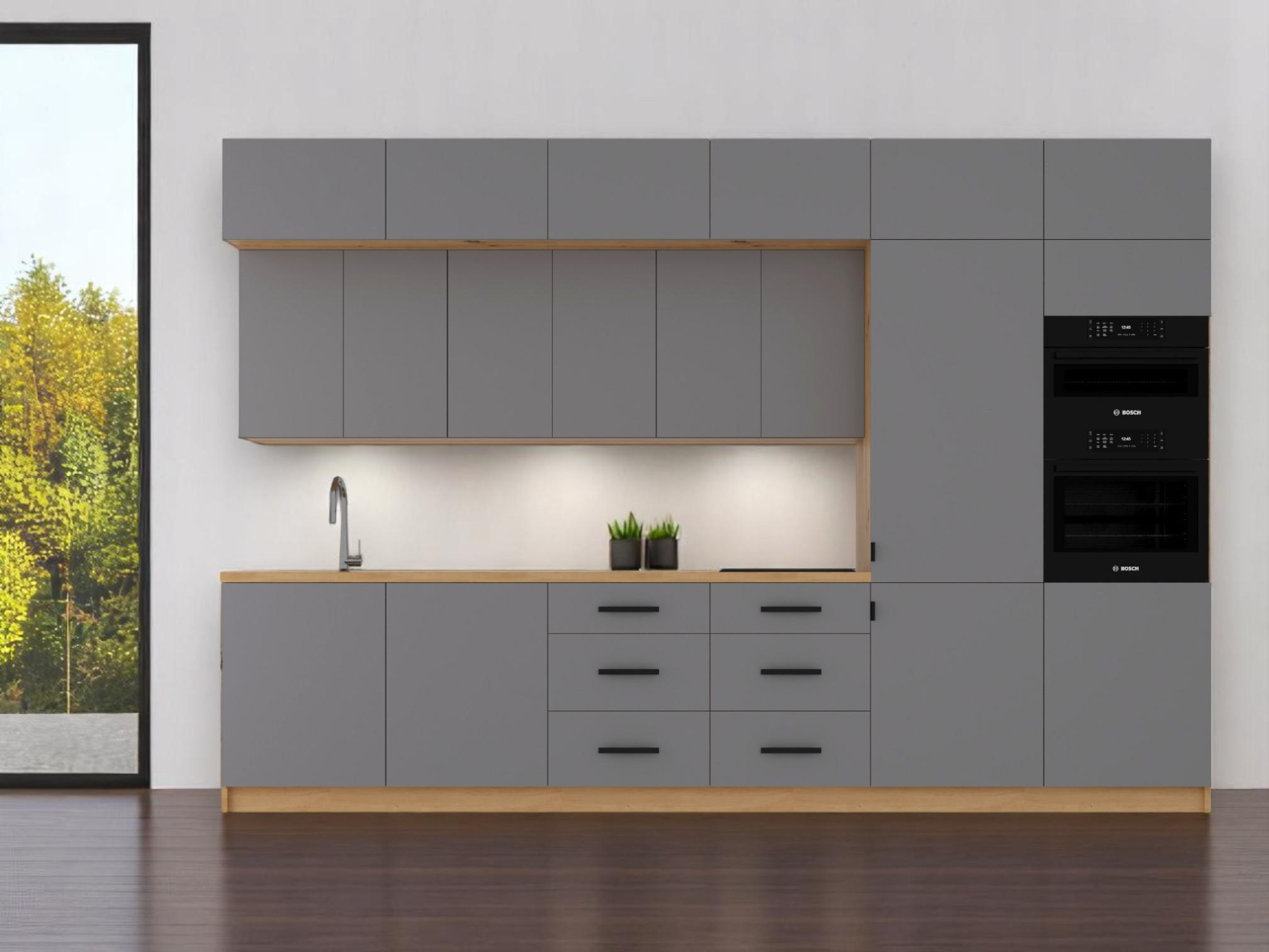 KÜCHENZEILE 360 cm - Langen K72-M360 - Beige/Schwarz, Holz/Metall (360/248/58cm)
