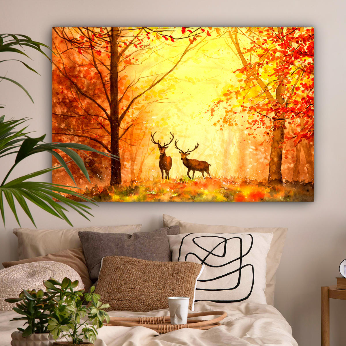 LEINWANDBILD Natur - Ölfarbe - Hirsche - Tiere - Herbst - Orange XXL 150x100 cm - Orange, Textil (150/100cm) - MuchoWow