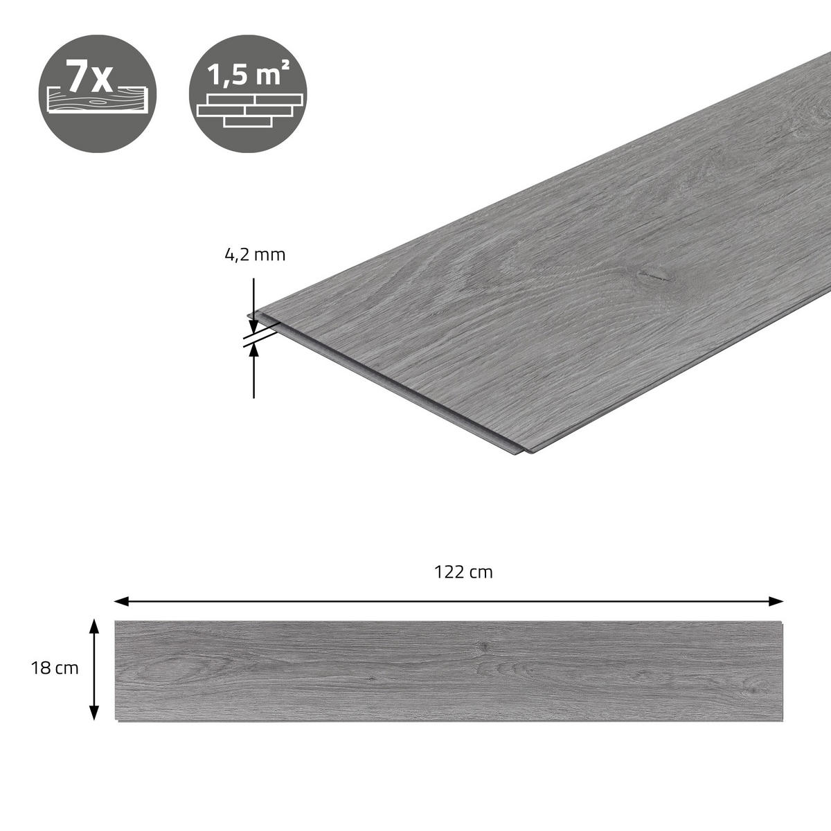 VINYLBODEN Click 1,54m²/7 Dielen Windswell Hickory Eiche - Grau, Kunststoff (122/18/0.42cm) - ML-DESIGN
