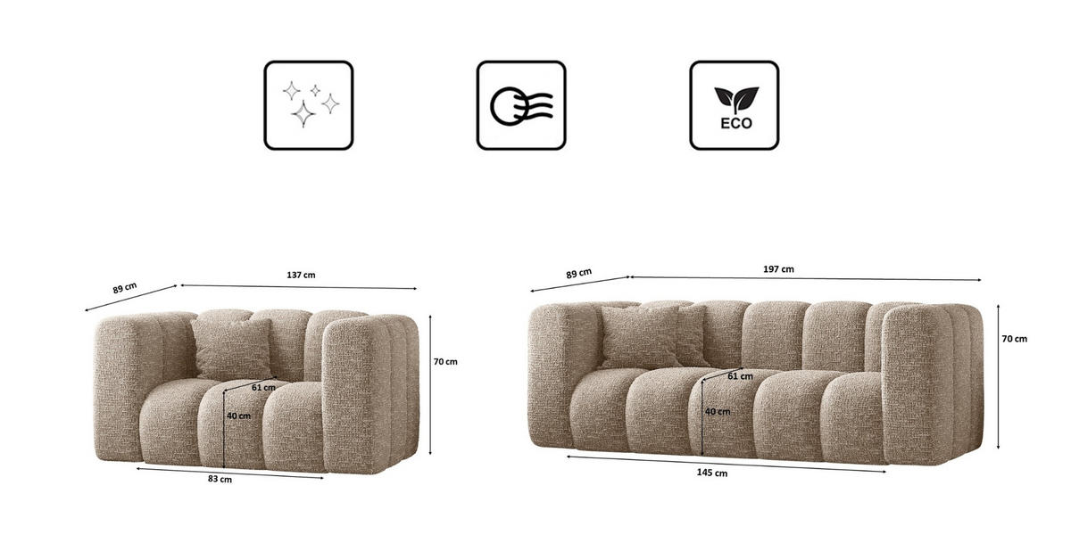 COUCHGARNITUR 2+1+1 Serie Grand Stilvol Stoff Haga Beige - Beige, Holz (197/70/91cm) - Kaiser Möbel