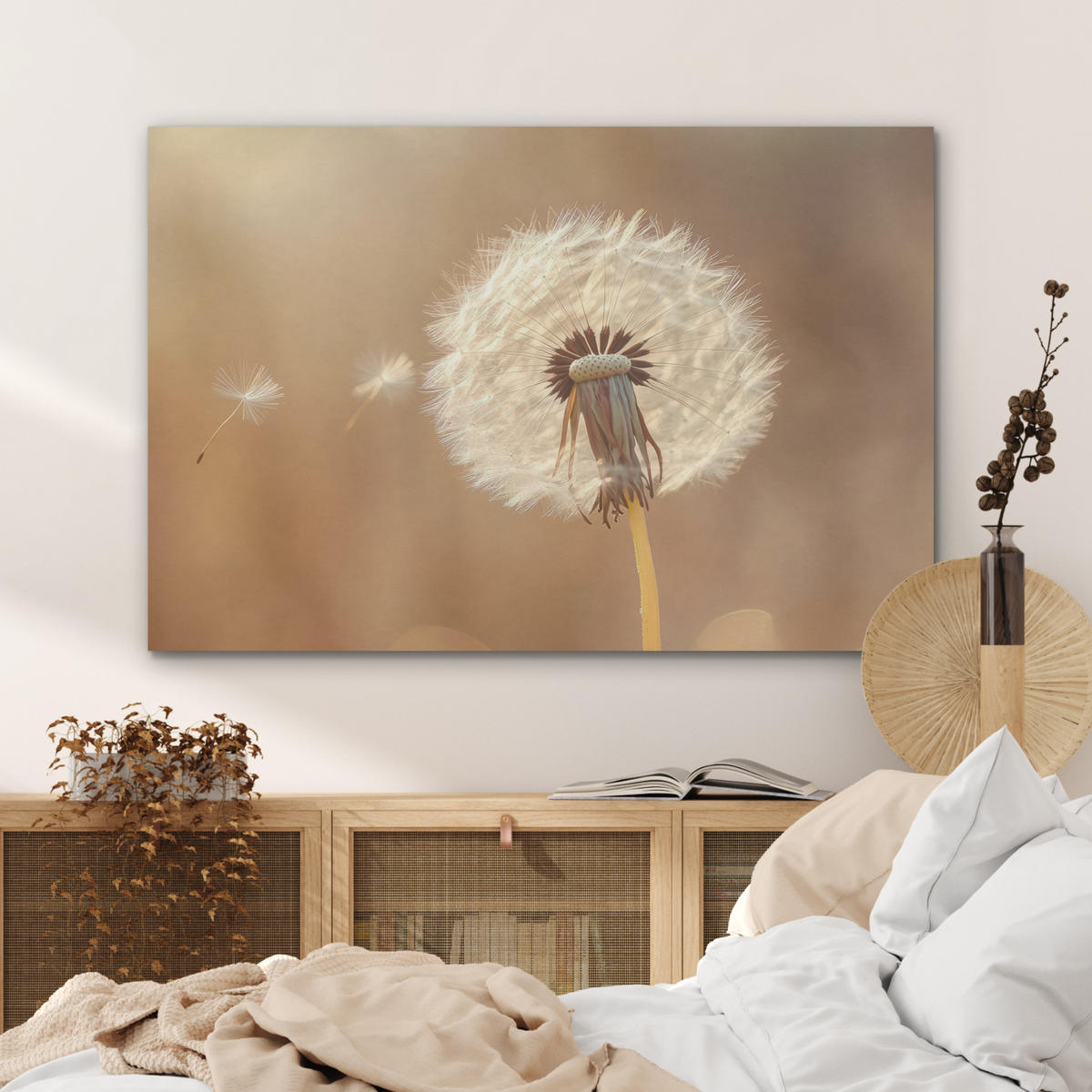 AKUSTIKBILD Löwenzahn - Beige - Natur - Blume Akustikpaneele 90x60 cm - Hellbraun, Kunststoff (90/60/0.9cm) - MuchoWow