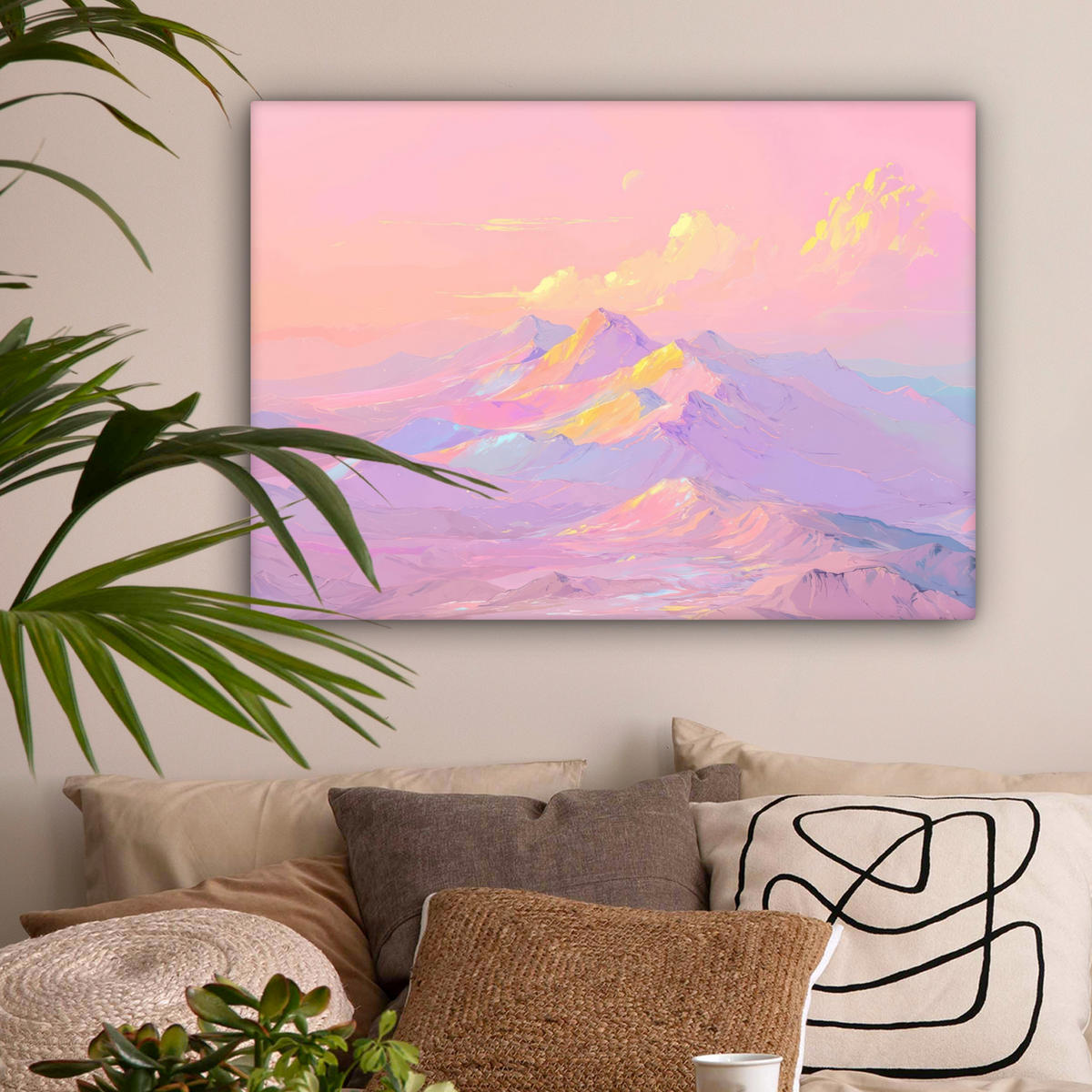 LEINWANDBILD Berggipfel - Wolken - Verträumt Wandbilder 80x60 cm - Hellrosa, Textil (80/60cm) - MuchoWow