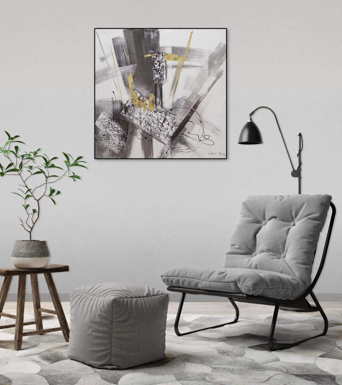RUČNE MAĽOVANÝ AKRYLOVÝ OBRAZ 60/60 cm, sivý, abstraktný geometrický motív - sivá, drevo/textil (60/60cm) - KUNSTLOFT