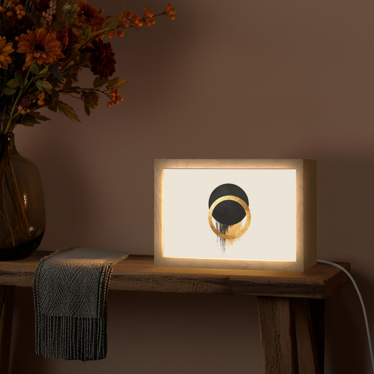 NÁSTĚNNÁ LAMPA Abstraktní design - Černý kruh - Skvrny od barvy 30x20 cm - krémová, kompozitní dřevo (30/20/8cm) - OnlyWow