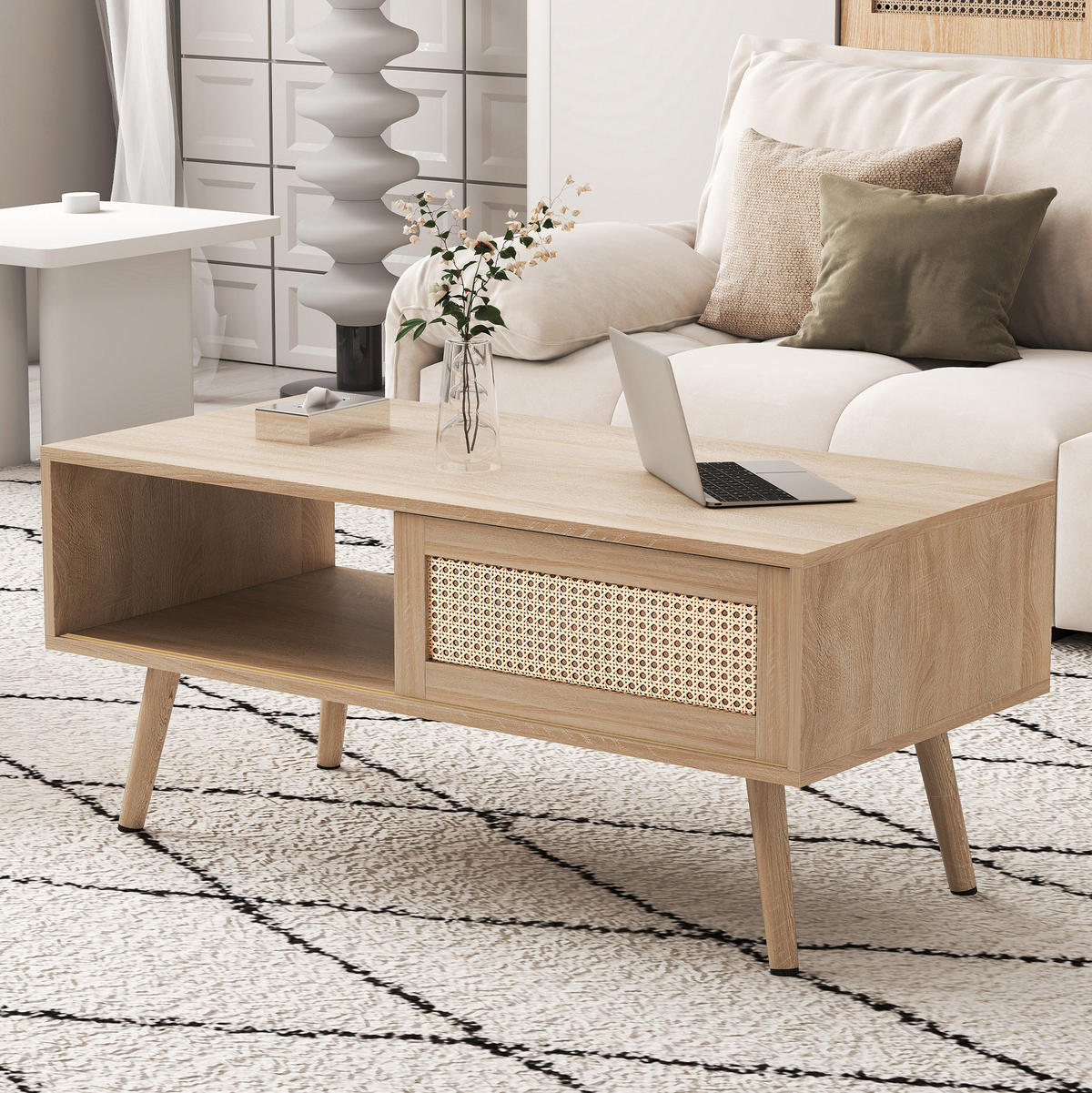 COUCHTISCH aus MDF in Naturholzfarbe mit Schiebetür & Stauraum - Naturfarben, Holzwerkstoff (105/55/41.5cm) - Modfu